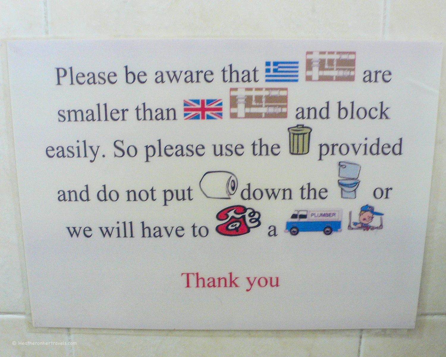 Don't throw paper down the toilet - sign in Greece