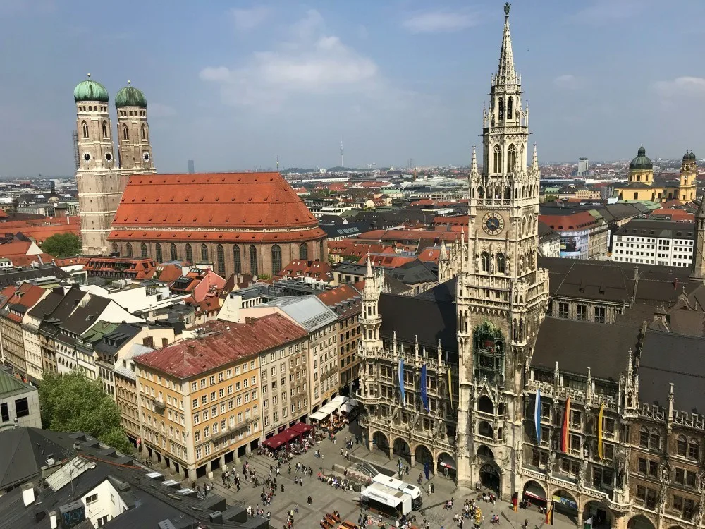 Marienplatz Munich from St Peter's Church - what to see in Munich in 3 days Photo Heatheronhertravels.com