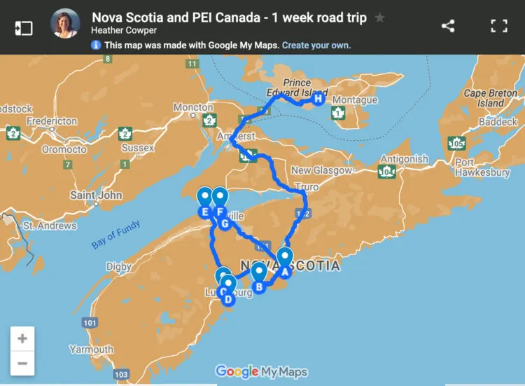 Map of Nova Scotia and PEI Road trip by Heatheronhertravels.com